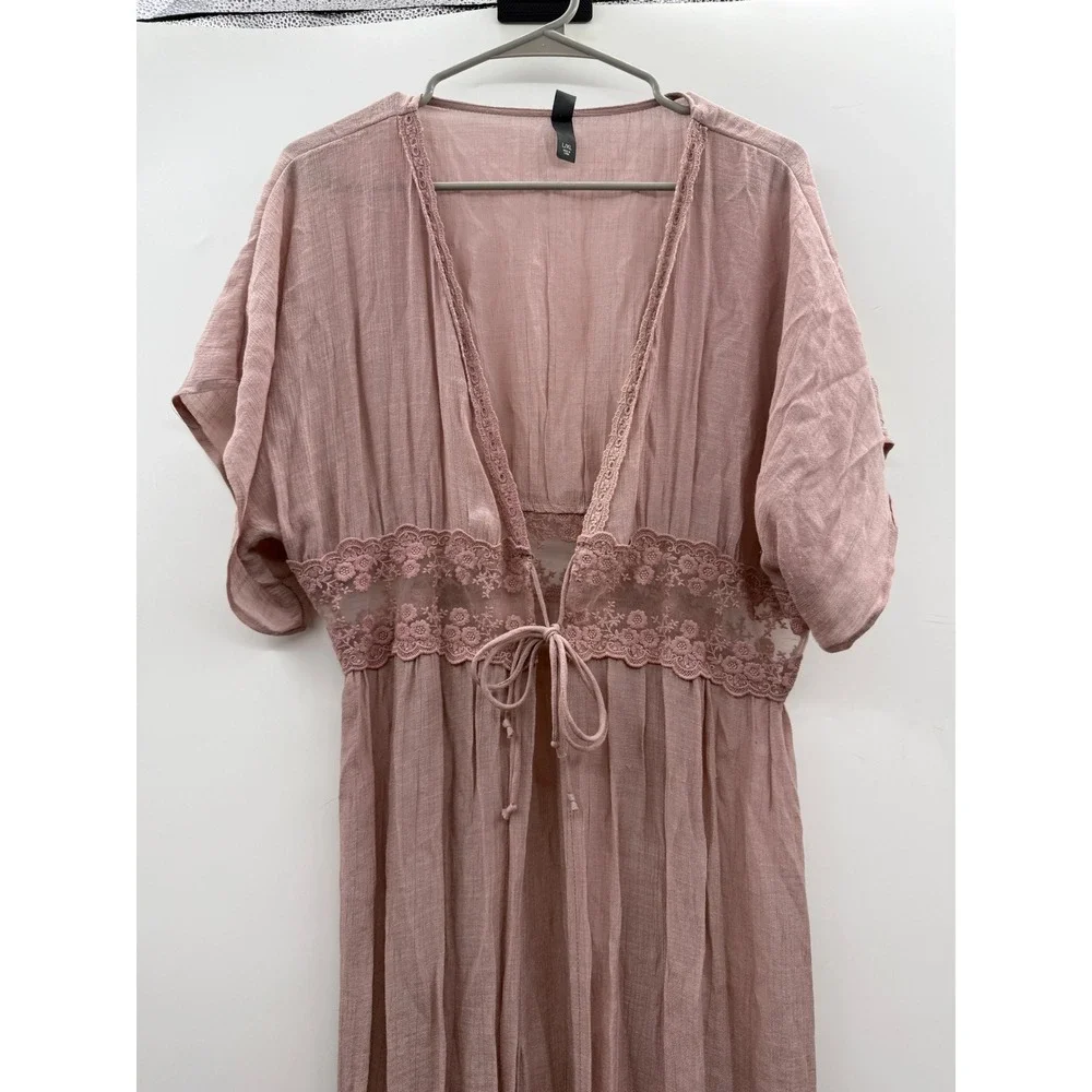 Alya Duster Cardigan L/XL Dusty Rose Lace Trim Boho‎ Open Front Maxi Kimono - Picture 2 of 13